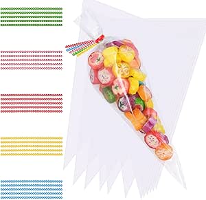 Faburo 100pcs Cone Bags for Sweets Clear Cellophane Bags and Ties for Party Christmas and Festivals Valentine's Day (25x15cm)