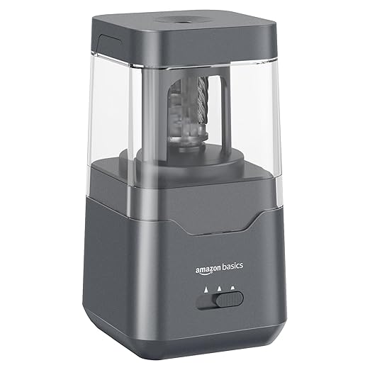 Amazon Basics Portable Electric Pencil Sharpener, Helical Blade, Auto Stop, Battery/USB Cord Operated, Black, 7.1 x 7.1 x 13.46 cm