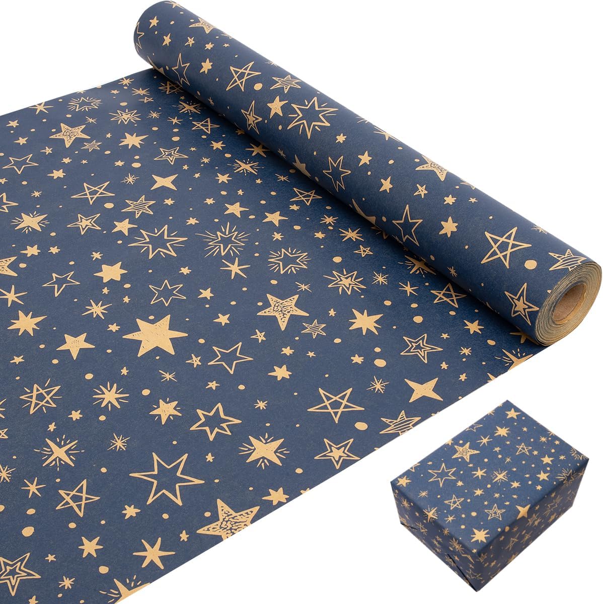 43cm×20M Birthday Gift Wrapping Paper Roll, Kraft Wrapping Paper Printed with Stars Recyclable Paper Roll for Christmas, Birthday, Baby Shower, Wedding Gift Wrap