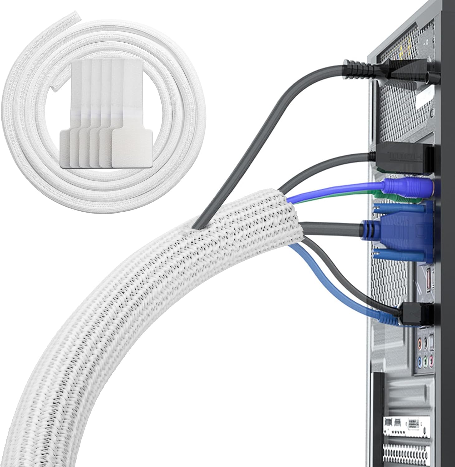 White Cable Tidy Sleeve(Length 10ft, Diameter 1/2 to 1 Inch Expandable), Braided Cable Sleeve Split& Self-wrap Sleeving for Usb Cable Power Cord Audio Video Cable, Protector Animal from Chewing Cords