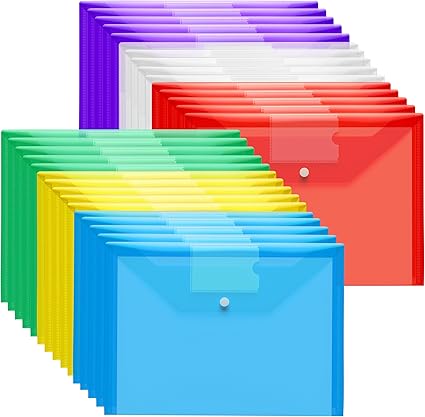 Plastic Wallets A4-30 Pack Plastic Folders Waterproof Document Wallet Files Folder Clear A4 Wallets with Popper Wallet for Home, School, Travel and Office Supplies Storage, Assorted Colours