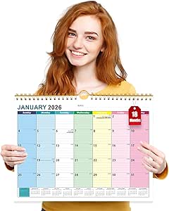 2026 Calendar UK, 18 Month Family Calendar from Jan 2026-Jun 2027, Family Wall Planner with Large Blocks, Large Landscape Yearly Planner, Hanging Holes Slim Calendars