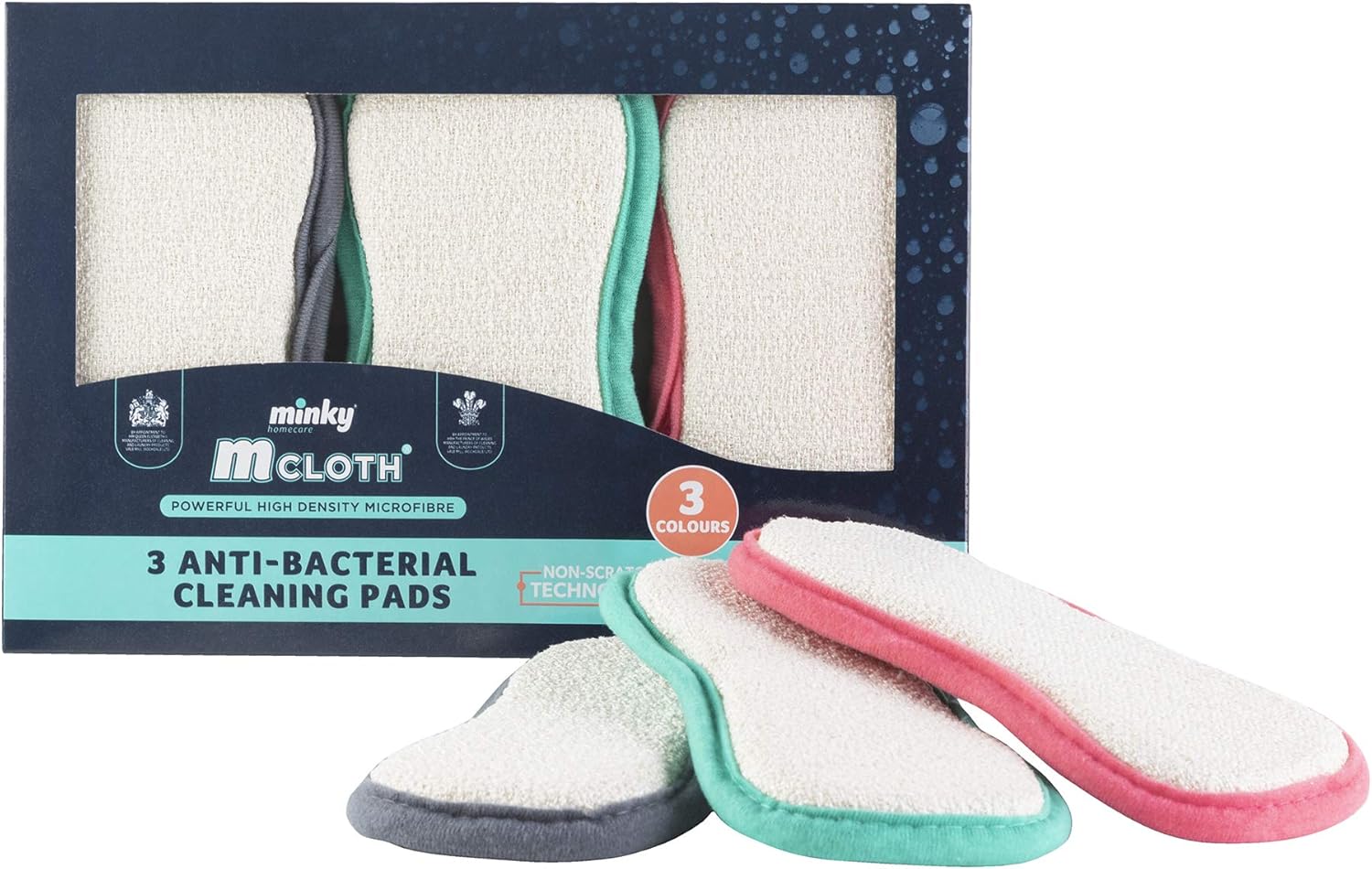 Minky Anti-Bacterial Cleaning Pads, 3-Pack, Reusable Microfibre, Dual-Sided, Non-Scratch