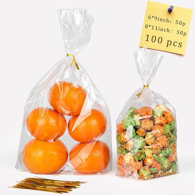 Flat Bottom Cellophane Bags 100Pcs Treat Bags with Ties 2 Sizes Cellophane Gift Bags Clear Goodie Bags for Packaging Favor Cookie Candy Gift Wrapping