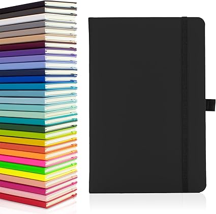 Eco A5 Notebook with Lined Pages, Pen Loop, Ribbon, Date Marks and Paper Pocket, Medium Hardback Journal, Note, sustainably sourced paper (Black)