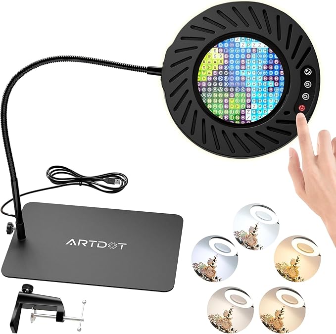 ARTDOT 10X Magnifying Glass with 5 Modes Light and Stand for Diamond Painting Kits, Magnifer for Diamond Art Accessories Hobbies Crafts Reading Close Work [Energy Class F]