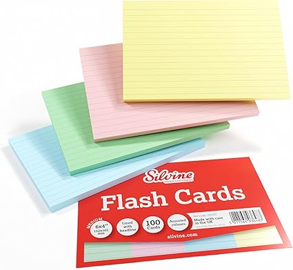 Silvine A6 Multi-Coloured Record Cards - Lined with Headline, 100 Cards Per Pack (Size 6x4), 564AC