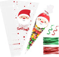OWill 100pcs Christmas Sweet Cone Bags, Clear Cone Bags Sweets Cellophane Treat Bag with 50 Red and 50 Green Twist Ties for Party Christmas and Festivals