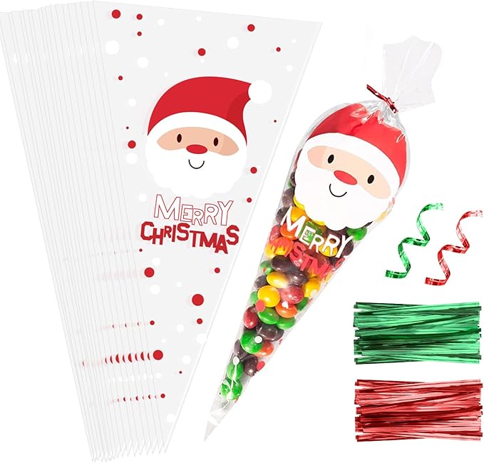 OWill 100pcs Christmas Sweet Cone Bags, Clear Cone Bags Sweets Cellophane Treat Bag with 50 Red and 50 Green Twist Ties for Party Christmas and Festivals