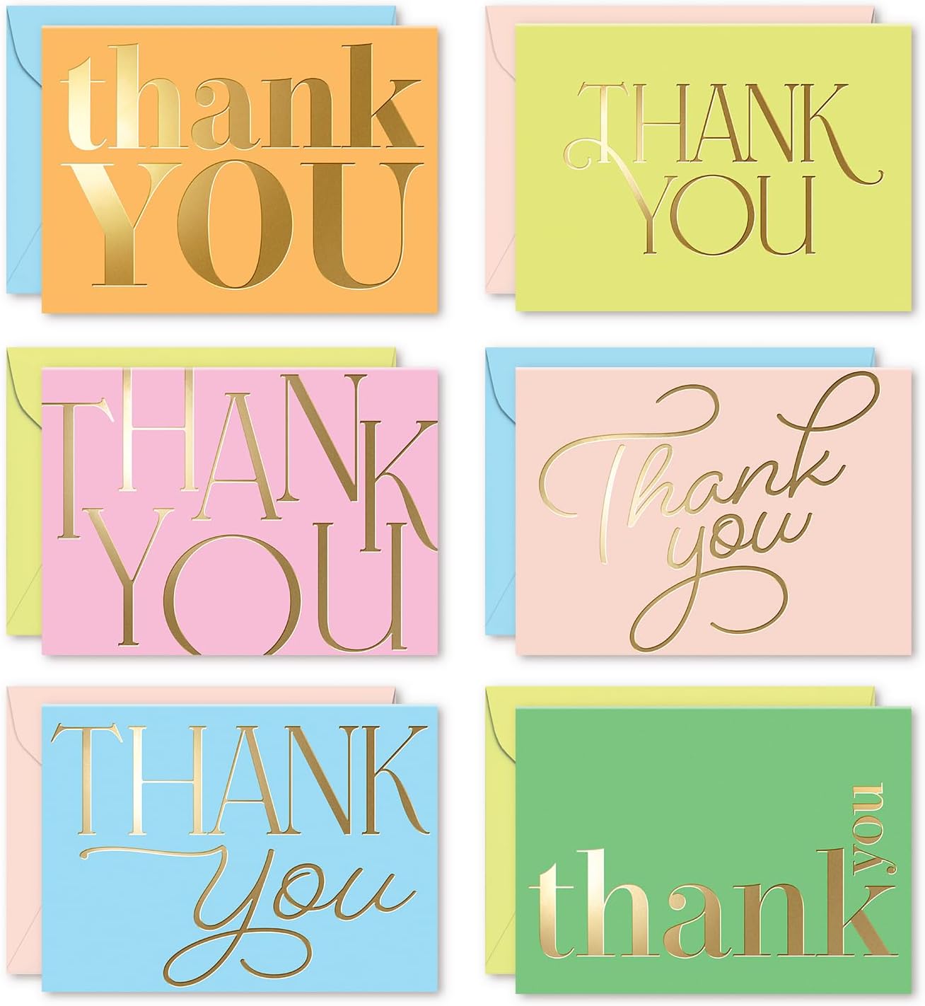 S&O Candy Thank You Cards with Envelopes - Blank Gold Foil sheets Set of 24 - Assorted Greeting Decor Cards, Pop Color Envelopes to Mix & Match