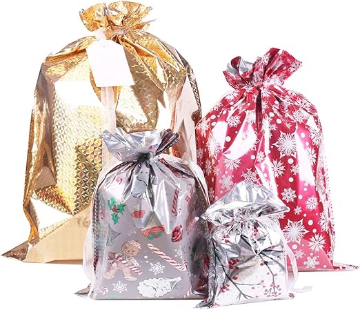 40 Pack Christmas Bags,Santa Wrapping Bag in 4 Sizes and 4 Designs with Inserted Drawstring Ribbons and Tags for Wrapping Holiday