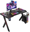 bigzzia Gaming Desk RGB Lighting Ergonomic Gamer Workstation, Carbon Fibre Surface, Cup Holder and Headphone Hook, 120 * 60 * 72cm