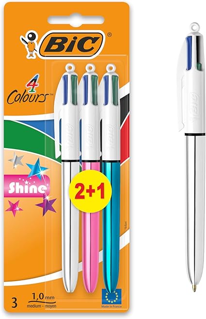 BIC 4 Colours Pens Multicolour Shine - Assorted Metallic Barrel Retractable Ballpoint Pens - Pack of 3