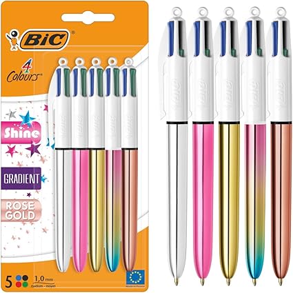 BiC 4 Colours Shine and Gradient Retractable Ball Pens Medium Point (1.00 mm) in Metallic Silver, Gold, Pink, Rose Gold, and Gradient Pastel - Pack of 5