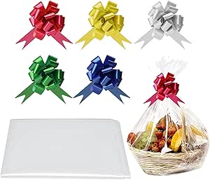 5pcs 36 * 26" Extra Large Easter Gift Bags and Bow for Presents Hamper Baskets Wraps Wrap Packaging Clear Cellophane Hampers Kit Plastic Wrapping Gifts Empty and Bow Bag