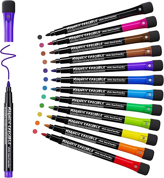Whiteboard Pens Whiteboard Markers: 12 Magnetic Whiteboard Pens and Eraser set, Fine Tip White Board Pens Colour White Board Markers Erasable,Dry Wipe Markers Thin Whiteboard Pen Kids Dry Erase Marker