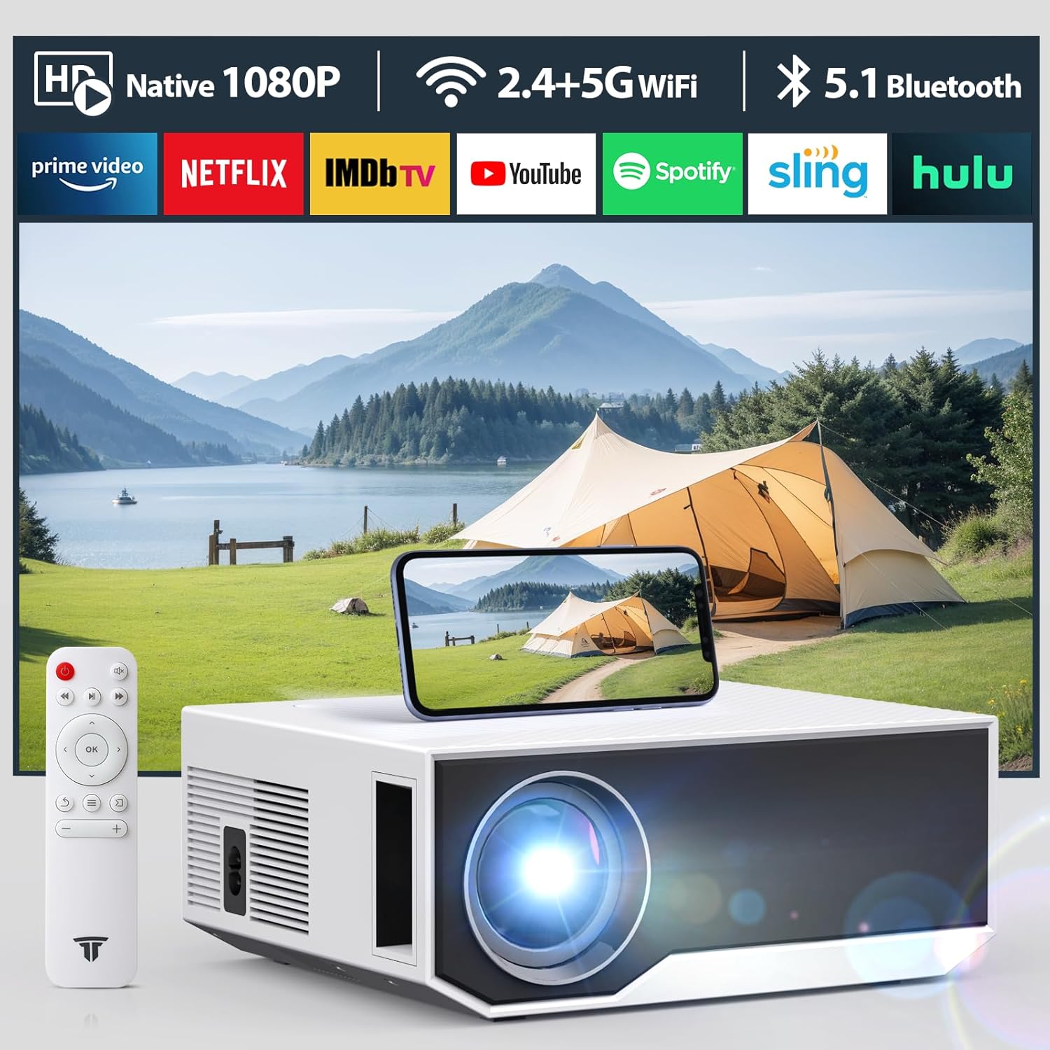 ZDK 2025 New 1080P Projector with 5G WiFi, Full HD 1080P, Supports 4K, BT 5.1 Projector for Home Cinema, Compatible with Smartphones, Android/iOS/TV Box/PS5/XBOX. (White, 20000L)