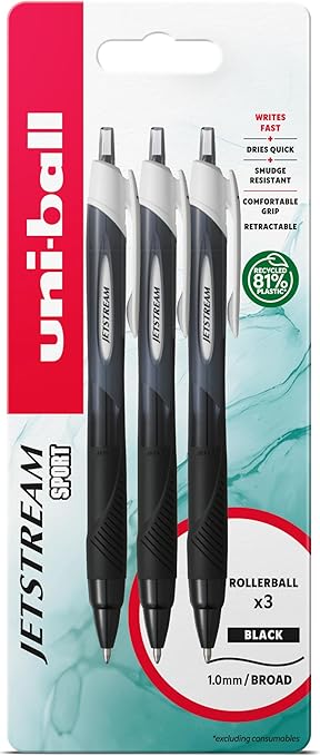 uni-ball Jetstream Sport SXN-150S Ballpoint Gel Pens. Premium 1.0mm Rollerball Tip. Smooth Writing Black Uni Super Ink Dries Instantly. Pack of 3 in Plastic Free Packaging