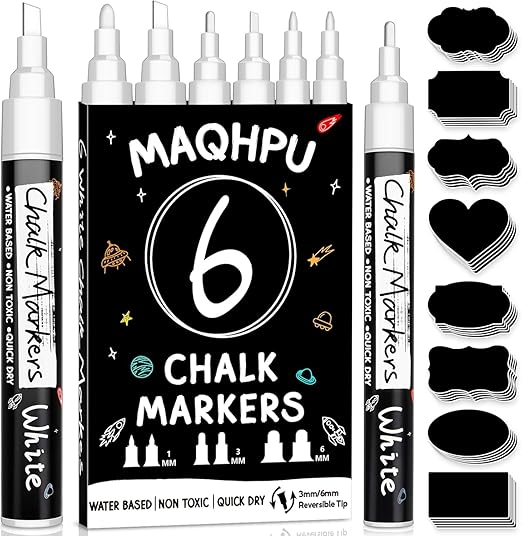 White Chalk Pens for Blackboards, 6 Pack Washable Liquid Chalk Pens and 45 Chalkboard Labels, Wipeable Blackboard Pens, Chalk Markers Pens for Windows and Glass & Spice Jars (1mm, 3mm, 6mm)