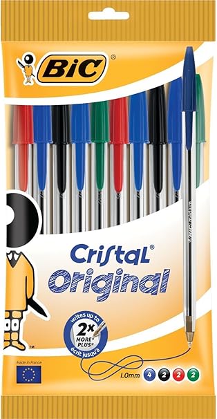 BIC Cristal Original Ballpoint Pens, Every-Day Biro Pens, Fine Point (1.0mm), Ideal for School, Assorted Colours, Pack of 10