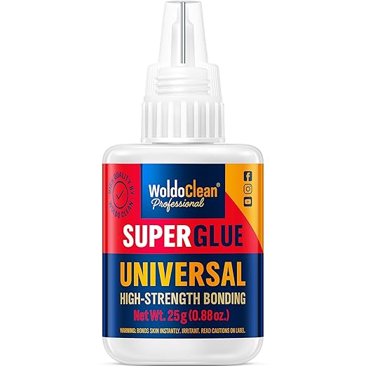 WoldoClean Super Glue Extra Strong 25g - Liquid, Waterproof & Heat Resistant, Universal Instant Adhesive for Plastic, Ceramic, Rubber, Metal & Wood, Anti-Clog Needle Cap