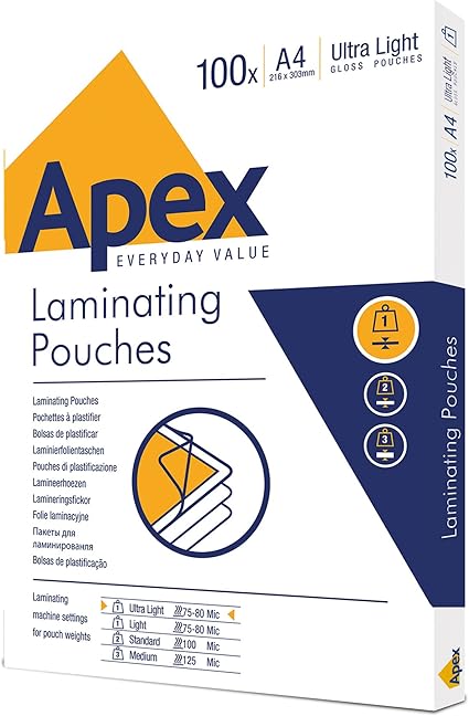 Fellowes Apex A4 Laminating Pouches, Glossy Finish, 100 Sheets - Super-Flex - Ideal for Notices and Photos