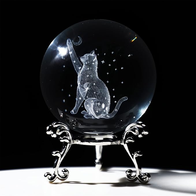 ZEERSHEE 60mm 3D Crystal Ball Figurine - Glass Laser Engraved Moon Star Crystal Ball with Stand - Paperweights & Cat Gifts for Lovers