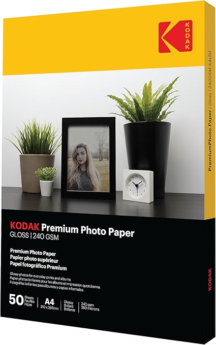 Kodak Photo Paper A4 (Glossy 240gsm - 50 Sheets) Premium Photographic Paper, Universally Compatible with all Inkjet Printers, Perfect Printing for HP, Epson, Canon & Many More (Size 210 x 297mm)