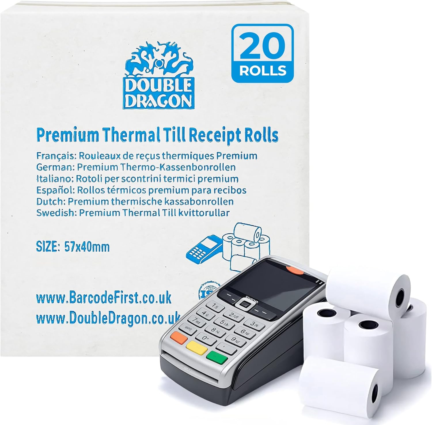 Double Dragon, 20 Rolls, 57 x 40mm Thermal Receipt Paper, Till Rolls for Credit Card Machines & PDQ Terminals, Compatible with Ingenico, Verifone, Barclays, Pax, Worldpay, Sagem, Spire | BPA-Free