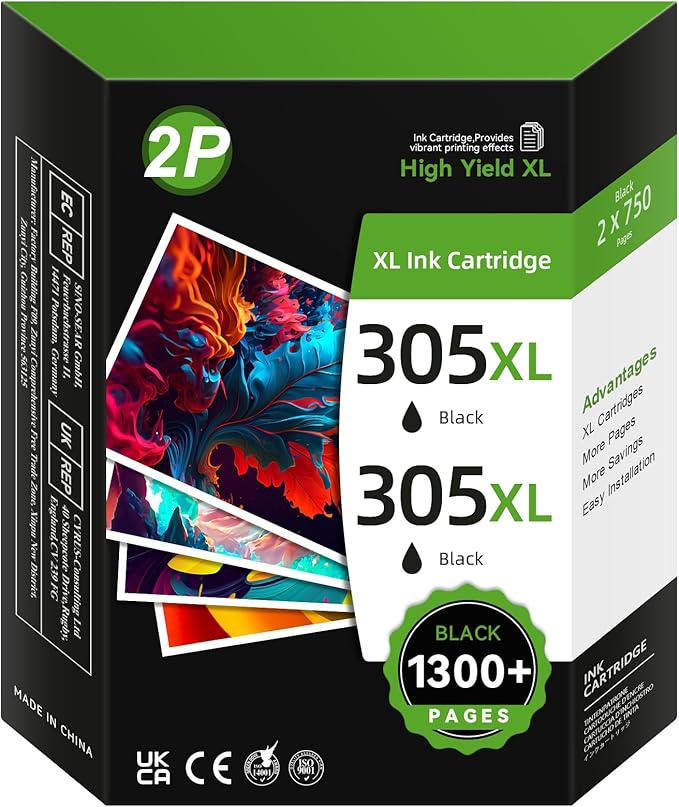 305XL Ink Cartridges High Yield – Black Ink Replacement for HP 305 Black Ink Cartridge, Compatible with HP Envy 6000 6020e 6032e, DeskJet 2700 2700e 2710e 2722e 2800e 2810e 2820e (2 Pack)