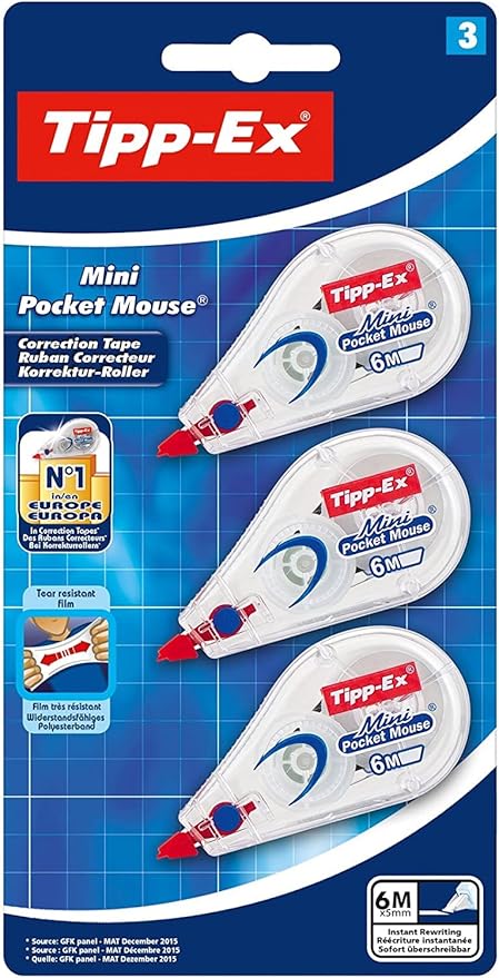 Tipp-Ex Mini Pocket Long Correction Extra Tear-Resistant Tapes - Pack of 3 - Easy To Use - High-Quality - 6 metres