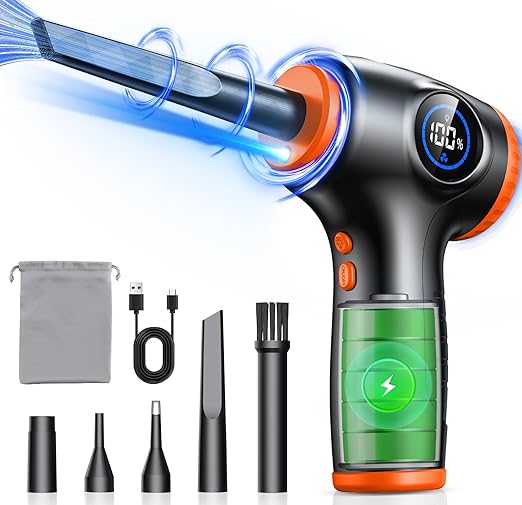 EOIWUY Compressed Air Duster for PC, [LED Light & Power Display] 3-Speed Adjustable 90000RPM Electric Air Duster with 5 Switchable Nozzles, Rechargeable Air Blower Cleaner for Computer/Keyboard/Car