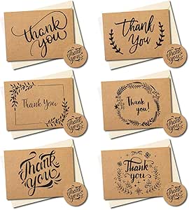 36 Pack thank you cards multipack with envelopes, Thank you notes for Kids,Weddings,Graduation, 36 Cream paper envelopes and 36 brown kraft cards with 40 thank you stickers