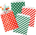 Kesote 100 Pcs Goodies Bags - Striped & Polka Dot Paper Treat Bags - Red & Green - 13 x 18cm