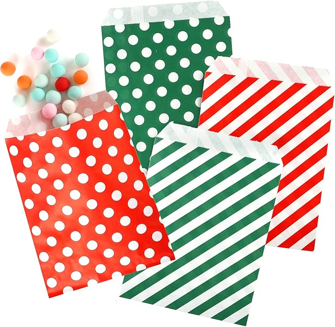 Kesote 100 Pcs Goodies Bags - Striped & Polka Dot Paper Treat Bags - Red & Green - 13 x 18cm