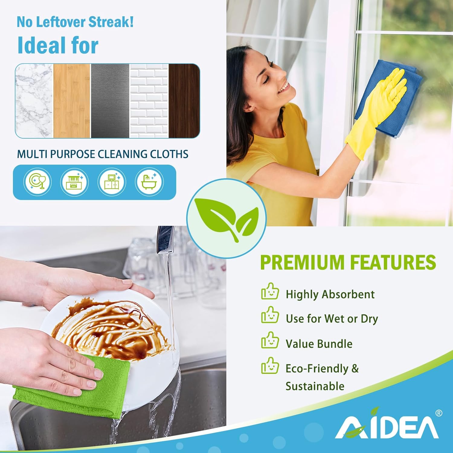 AIDEA Microfibre Cleaning Cloths, Pack of 8, Reusable Lint-Free 30×30 cm