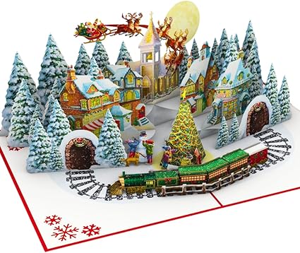 Enchanting Christmas Village Pop-Up Card with Santa and Train 3D Special Pop Up Greeting Card for Daughter Son In Law Husband Wife Brother Sister Mum and Dad Family Holiday Pop-up