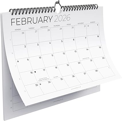 Wall Calendar 2026 UK - Month to View A4 Landscape Family Planner - Spiral Bound Monthly Organiser with Large Day Boxes - Grey & White Design
