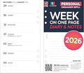 2026 Personal size Week on one page diary & lined notes organiser refill insert white | January 2026 – December 2026 | Compatible with Filofax personal size 6-ring organiers | 95 x 171mm