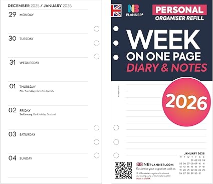 2026 Personal size Week on one page diary & lined notes organiser refill insert white | January 2026 – December 2026 | Compatible with Filofax personal size 6-ring organiers | 95 x 171mm