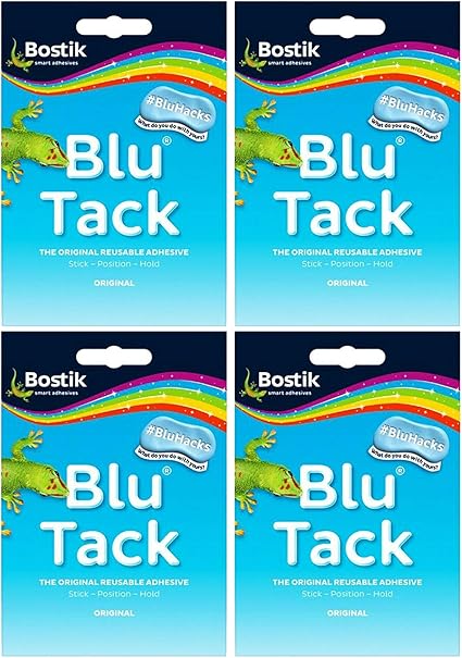 Adhesive BLU TACK Original Bostik Reusable Sticky Blue Home School Office Walls Hacks NO Marks Safe Craft Art Clean Handy, Alternative to Pins & Tape, DIY Strong Hold Stretching (4 x Packs BLU TACK)