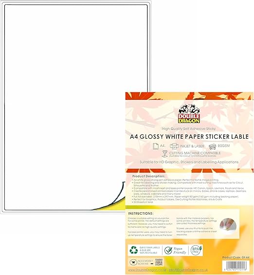 Double Dragon 50 Sheets A4 White Matte Sticker Paper, Self-Adhesive, Customisable Universal Labels for Inkjet & Laser Printing, Address Labels, Quick Dry, Sticky Back