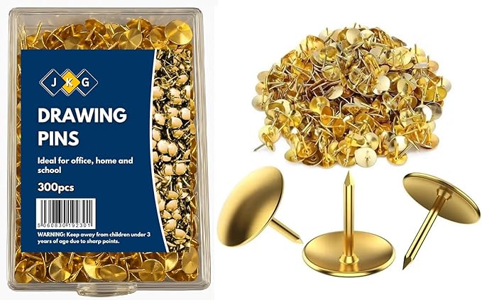 JKG® 300 x METAL DRAWING PUSH PINS - GOLD NOTICE BOARD PUSH PINS | Pins For Cork Board, Bulletin Pin Board, Thumb Tacks For Office Work Desk, Arts Crafts, Pin Art | Map Marking Pins (In Plastic Box)