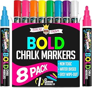 Liquid Chalk Pens - Dry Erase Marker Pens - Chalk Pens for Chalkboards, Signs, Windows, Blackboard, Glass Reversible Tip (8 Pack) (Multicolored, 6mm)