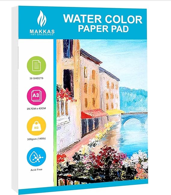 Makkas Watercolour Paper Pad A3 30 Sheets 140lb / 300gsm Cotton Blend Student Grade | Includes Pad Only | Cold Pressed & Acid Free Watercolour Sketchbook