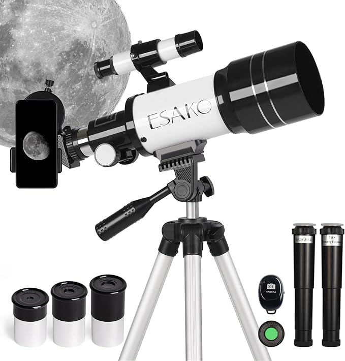 ESAKO Telescope for Kids & Adults, 70mm Portable Beginner Telescopes with 3 Eyepieces, Height Adjustable Tripod & Phone Adapter