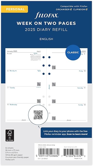 Personal Week on two pages English Monday start 2025, packaging may vary