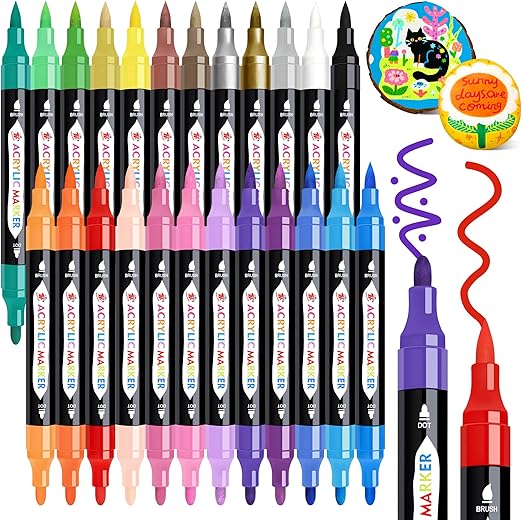 TBC The Best Crafts 24 Colors Dual Tip Acrylic Paint Markers,Waterproof, Non-Toxic, odorless, Suitable for Paper, Pottery, Stones, Backpacks, Glass, Eggs, Fabrics, Plastics, handicrafts