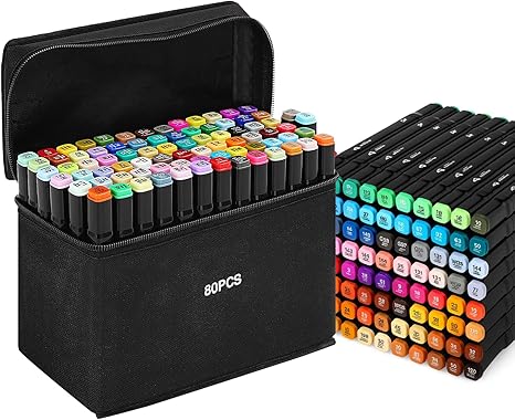 Shoze Colouring Pens - 80 Colors Markers Twin Tips Permanent Marker Set Art Pens Oily Alcohol Graphic Markers for Adults Drawing Graffiti Sketching Manga Books (Black)