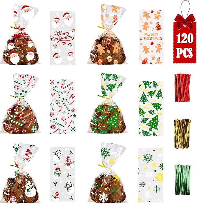 DIYDEC 120pcs Christmas Cellophane Candy Bags, Xmas Clear Treat Sweet Goody Bags with Twist Tie for Christmas Party Supplies